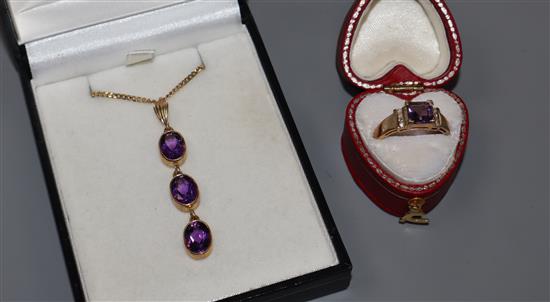 A 9ct gold amethyst pendant necklace and a 9ct gold, amethyst and diamond ring.